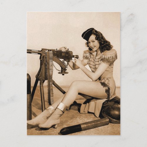 Vintage Retro Women Machine Gunner Girl Postcard