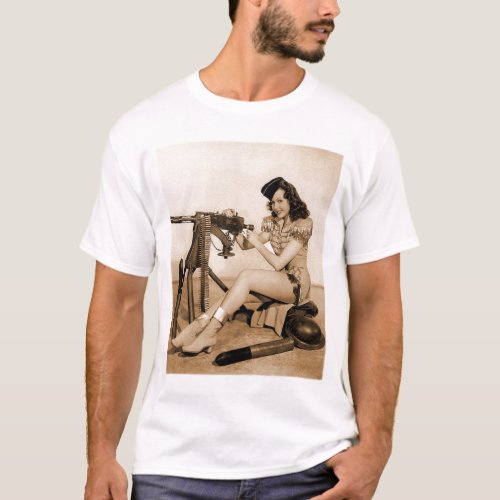 Vintage Retro Women Machine Gunner Girl T_Shirt