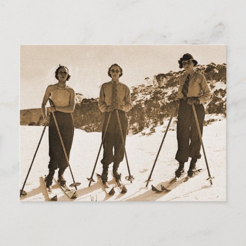 Vintage Retro Women Skiing Ski Bums 1942 Postcard
