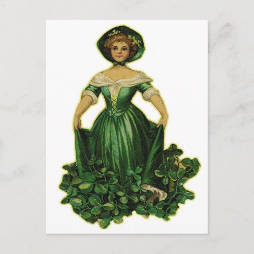 Vintage Retro Women Victorian Lucky Clover Girl Postcard