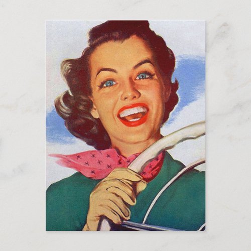 Vintage Retro Women Woman Driver Behind the Wheel Postcard