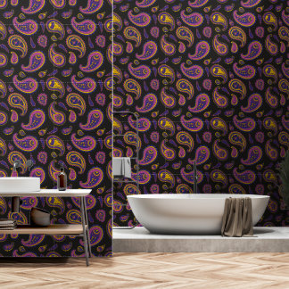Vintage Retro Yellow Indigo Pink Paisley Pattern Wallpaper