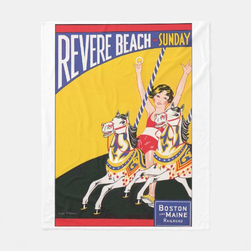 Vintage Revere Beach Carousel Poster Nostalgic Fleece Blanket