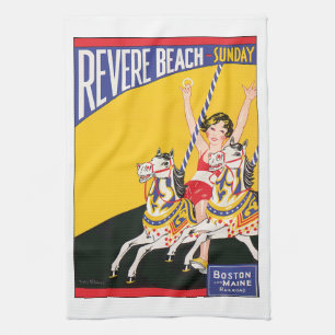 Vintage Revere Beach Carousel Poster Nostalgic Kitchen Towel
