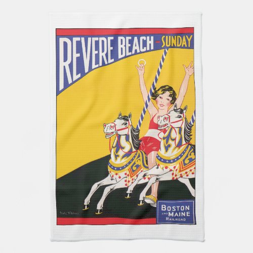 Vintage Revere Beach Carousel Poster Nostalgic Kitchen Towel