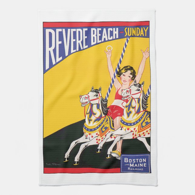 Vintage Revere Beach Carousel Poster Nostalgic Kitchen Towel (Vertical)