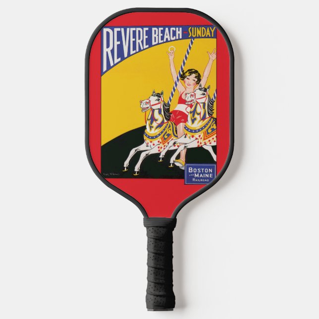 Vintage Revere Beach Carousel Poster Nostalgic Pickleball Paddle (Front)