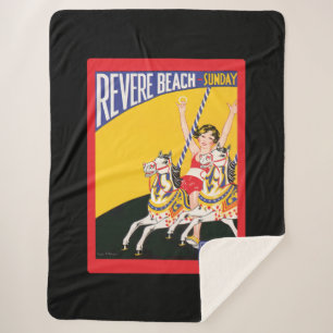 Vintage Revere Beach Carousel Poster Nostalgic Sherpa Blanket
