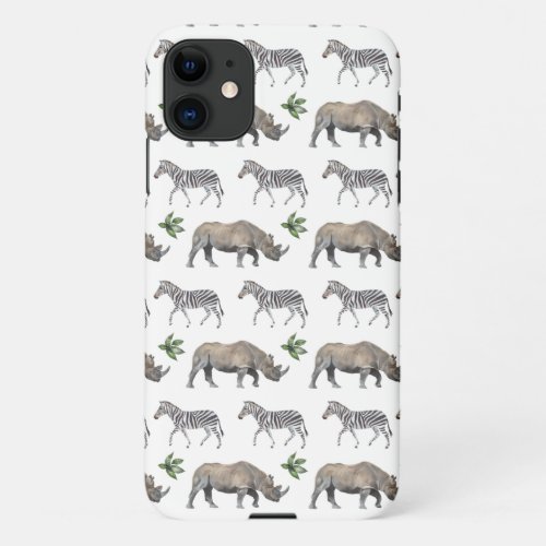 Vintage Rhino and Zebra Watercolor Pattern iPhone 11 Case