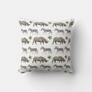 Vintage Rhino and Zebra Watercolor Pattern Throw Pillow