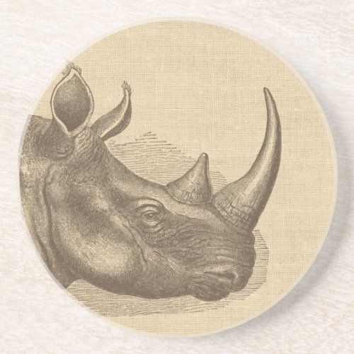 Vintage Rhino Illustration on Burlap  Coaster