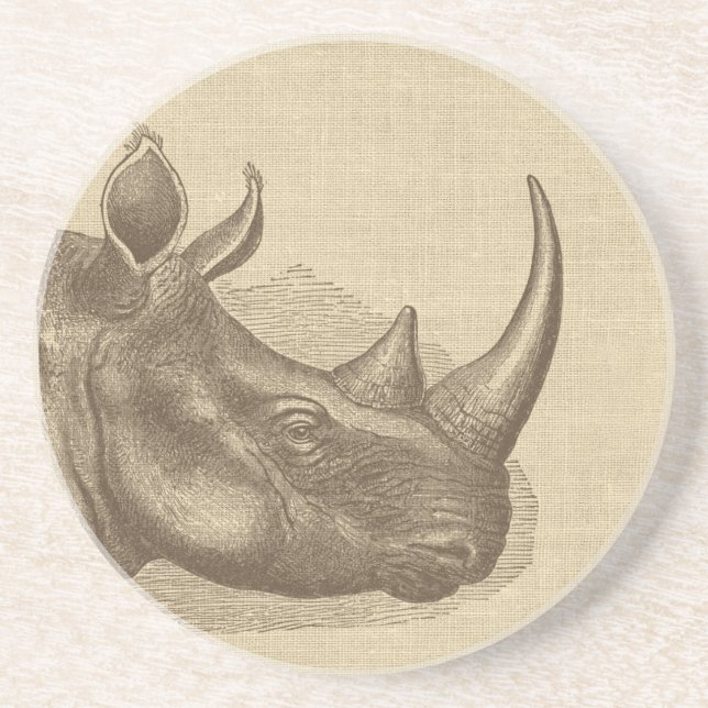 Vintage Rhino Illustration on Burlap  Coaster (Front)