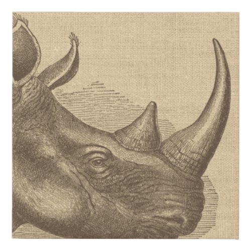 Vintage Rhino Illustration on Burlap Faux Canvas Print