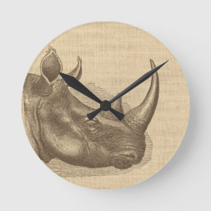 Vintage Rhino Illustration on Burlap  Round Clock