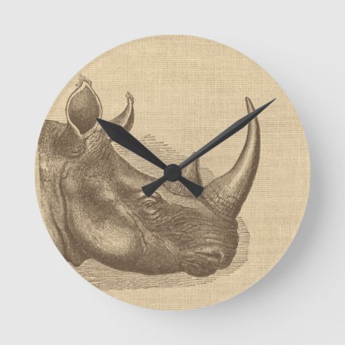Vintage Rhino Illustration on Burlap  Round Clock