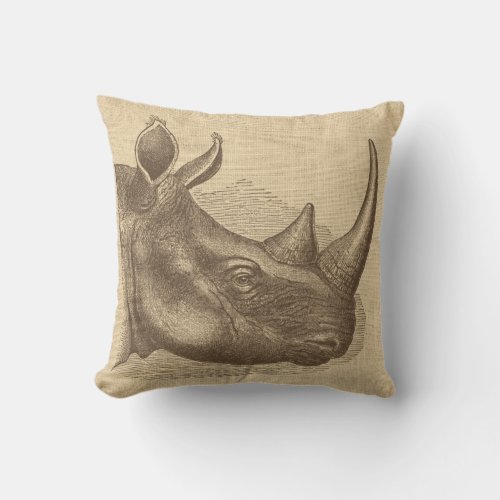 Vintage Rhino Illustration on Burlap  Throw Pillow