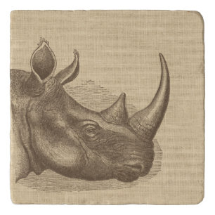 Vintage Rhino Illustration on Burlap Trivet