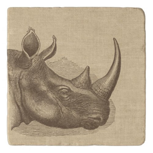 Vintage Rhino Illustration on Burlap  Trivet