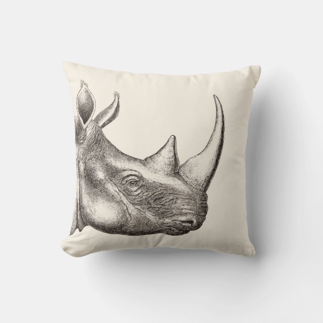Vintage Rhino Illustration Throw Pillow (Front)