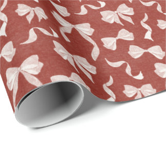 Vintage Ribbon & Bows Watercolor Linen (Cream Red) Wrapping Paper