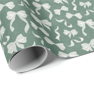 Vintage Ribbon & Bows Watercolor Linen (Green) Wrapping Paper
