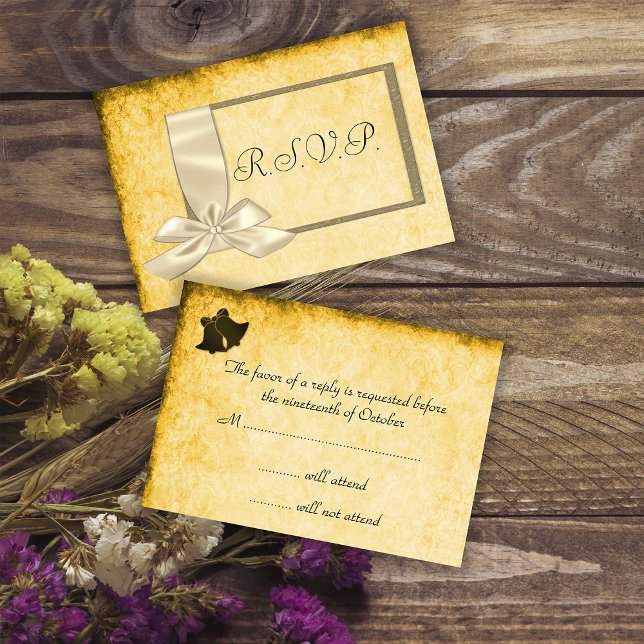 Vintage Ribbon, Gold and Brown Wedding RSVP Card (Creator Uploaded)