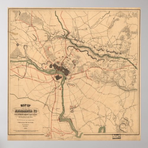 Vintage Richmond VA Rebel Defense Map 1864 Poster