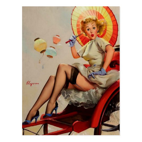 Vintage Rickshaw Pin Up Girl Postcard 
