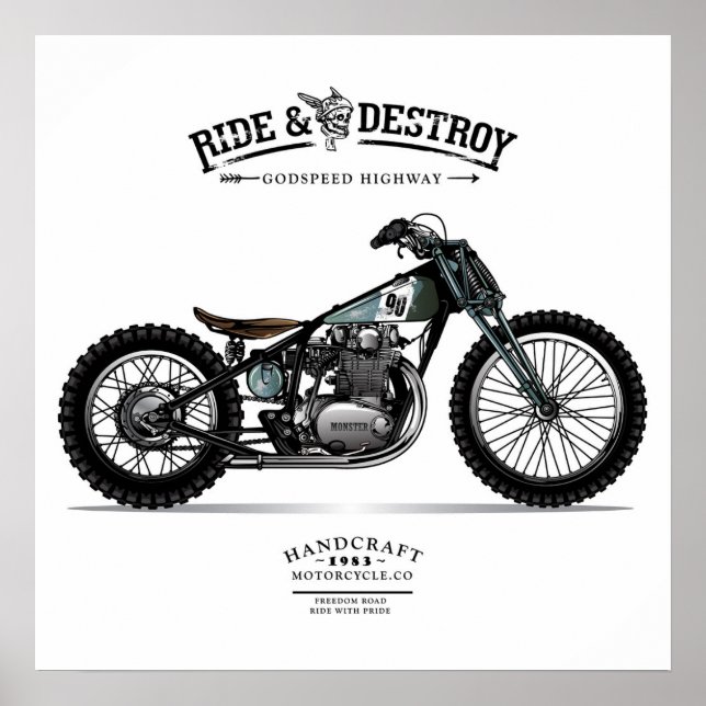 Vintage Ride n Destroy Chopper Motorcycle Poster (Front)