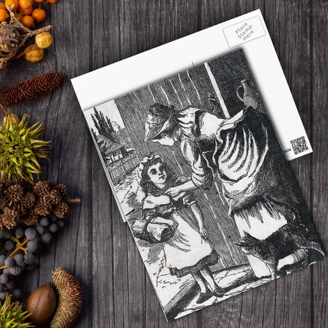 Vintage Riding Hood Mothers Warning Postcard (Black and white Little Red riding hood with her mother cat on postcard.)