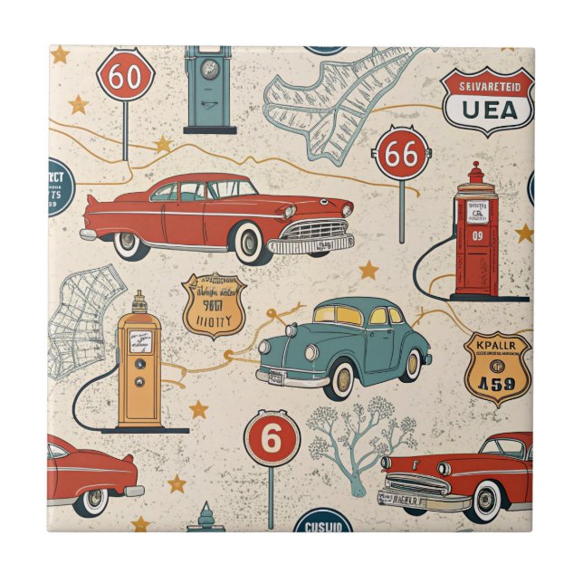 Vintage Road Trip Pattern (2) Ceramic Tile (Front)