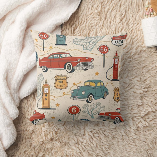Vintage Road Trip Pattern (2) Throw Pillow (Blanket)
