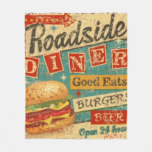 Vintage Roadside Diner metal sign diner retro v Fleece Blanket