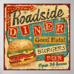 Vintage Roadside Diner metal sign. diner, retro, v Poster