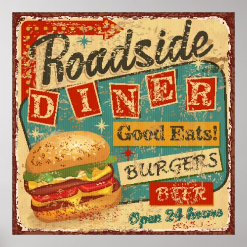 Vintage Roadside Diner metal sign diner retro v Poster