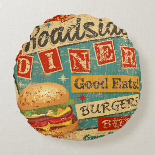 Vintage Roadside Diner metal sign diner retro v Round Pillow
