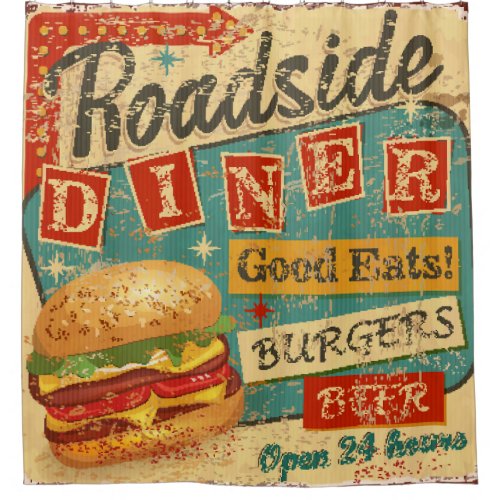 Vintage Roadside Diner metal sign diner retro v Shower Curtain