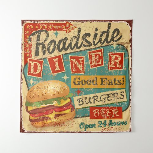 Vintage Roadside Diner metal sign diner retro v Tapestry