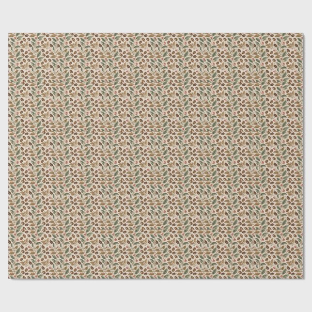 Vintage Roasted Coffee Beans & Flowers Pattern Wrapping Paper (Flat)