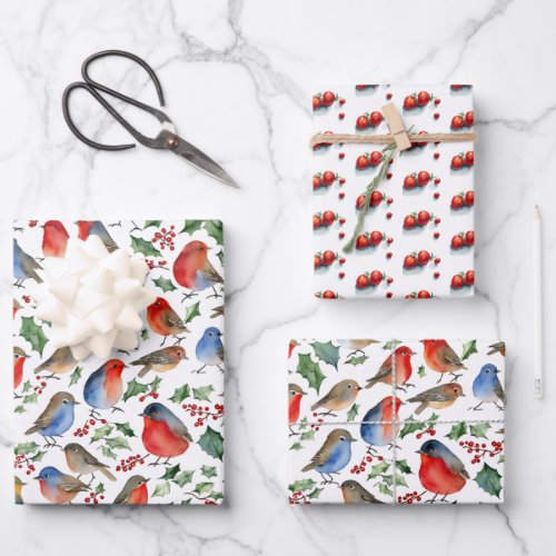 Vintage Robin And Christmas Fruits Watercolor  Wrapping Paper Sheets