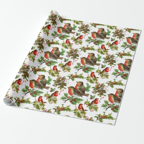 Vintage Robin Bird Holly Berries Winter Christmas Wrapping Paper
