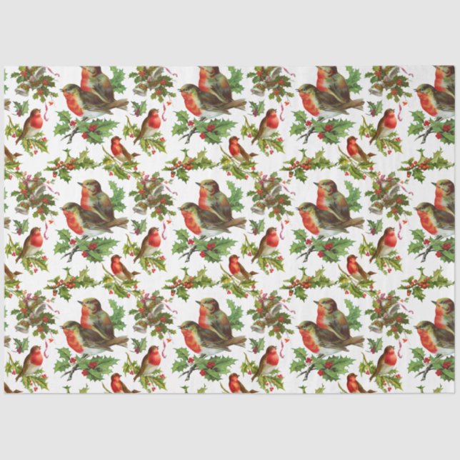 Vintage Robin Bird Holly Berries Winter  Tissue Paper (Front)