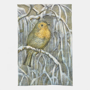 Vintage Robin bird on a snowy branch Kitchen Towel