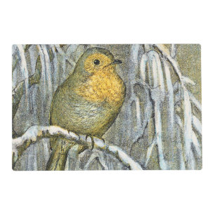 Vintage Robin bird on a snowy branch Placemat