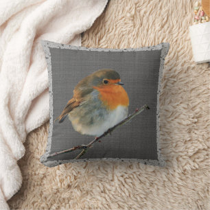 Vintage Robin bird,  rustic dark gray burlap frame Throw Pillow
