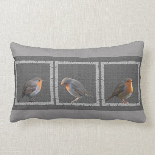 Vintage Robin birds photos rustic dark gray burlap Lumbar Pillow