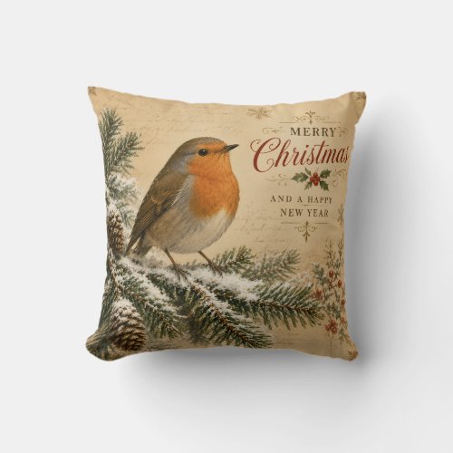 vintage robin christmas pillow