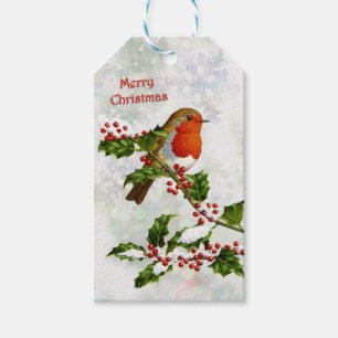 Vintage Robin, holly Christmas Gift Tags