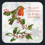 Vintage Robin, holly, snowflake Christmas Square Sticker<br><div class="desc">Vintage robin sitting on a branch of holly Christmas Sticker. You can remove image -text (May your Christmas be Bright and Happy) and add your own message.</div>