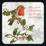 Vintage Robin, holly, snowflake Christmas Square Sticker<br><div class="desc">Vintage robin sitting on a branch of holly Christmas Sticker. You can remove image -text (May your Christmas be Bright and Happy) and add your own message.</div>
